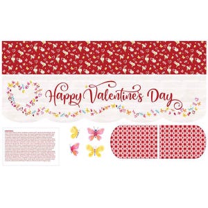 May include: A Valentine's Day themed banner with a red and white color scheme. The banner features the text "Happy Valentine's Day" in a cursive font, along with butterfly and heart illustrations. Additional elements include a red checkered pattern and watercolor butterflies.