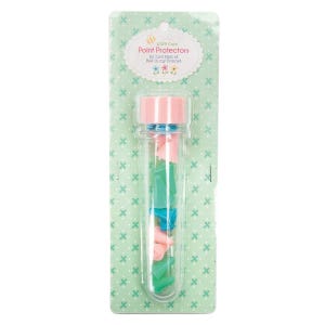 May include: A clear plastic tube filled with colorful point protectors. The tube has a pink lid and is labeled "100% Cute Point Protectors by Lori Holt of Bee in my Bonnet."