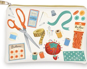 May include: A white zippered pouch with a gold zipper pull, featuring a colorful illustration of sewing notions. The design includes scissors, needles, buttons, thread spools, a measuring tape, and a tomato pin cushion.