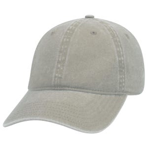 May include: A light gray, cotton baseball cap with a curved brim. The cap has a distressed look and a slightly faded appearance.