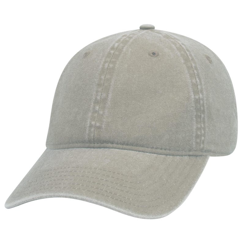 May include: A light gray, cotton baseball cap with a curved brim. The cap has a distressed look and a slightly faded appearance.