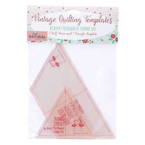 May include: Clear plastic quilting templates in a package. The package includes a triangle and a half hexie template. The text on the package reads "Vintage Quilting Templates" and "Triangle Template". The Riley Blake Designs logo is visible.
