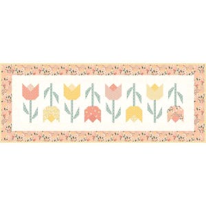 May include: A rectangular quilt with a row of tulip designs in shades of pink, yellow, and peach, with green stems and leaves. The quilt is bordered with a floral pattern in soft pink and cream.