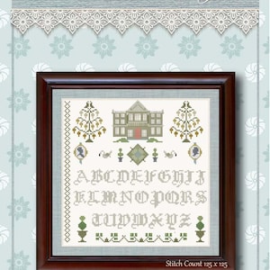 May include: Cross stitch pattern for a house with trees and an alphabet. The pattern is titled "Pemberley" and is by Sandra Workman. The stitch count is 125 x 125.