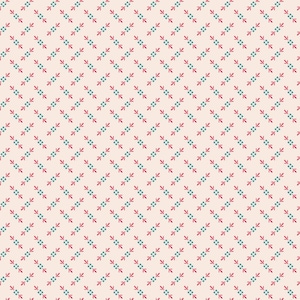 May include: A seamless pattern with a repeating design of small red and teal blue arrows and dots on a light beige background.
