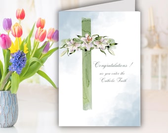 Tarjeta de felicitación para el RICA / Cruz y lirios en acuarela (PDF imprimible) / Tarjeta de felicitación católica para el sacramento del RICA, la Confirmación y el Bautismo