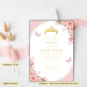 Blush Pink and Gold Quinceañera Invitation, Rose Butterfly Party Template, EDITABLE 15th Birthday Party Invitation, instant Download, DIY