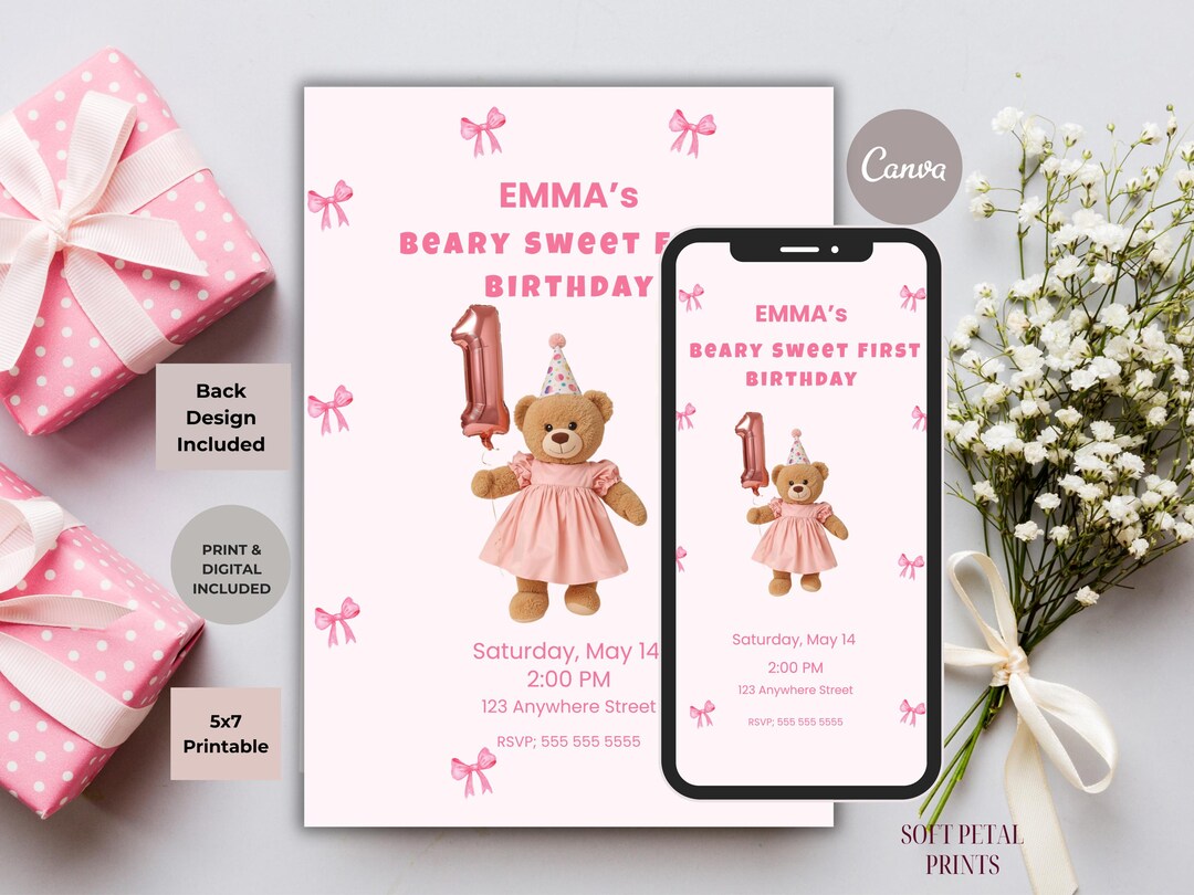 Beary Sweet 1st Birthday Invitation Girl, Coquette Bow Teddy Bear Party ...
