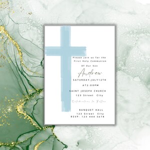 Modèle d'invitation de première communion pour garçon Modèle de confirmation bleu minimaliste moderne pour garçons aquarelle bleu numérique