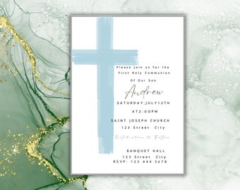 First Holy Communion Invitation for Boy Invitation Template Modern Minimalistic  Blue Confirmation Template Digital Blue Watercolor Boys