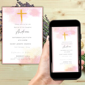 Girl Baptism Invitation Template Modern Christening Invitation Minimalistic   Pink Christening Invite Template Pink Watercolor Girl Evite