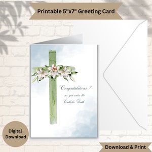 Carte de félicitations RCIA Devenir catholique |Félicitations à l'occasion de votre entrée dans la foi catholique| Croix aquarelle minimaliste | Imprimable