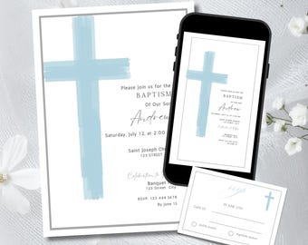 Boy Baptism Invitation Template Bundle with RSVP – Blue Cross Invite, Blue Boys Baptism Invite | Modern Minimalistic - Digital Download