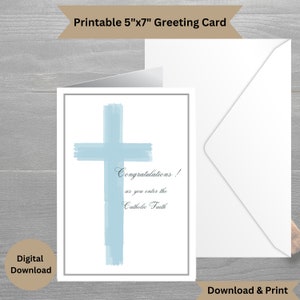 Carte de voeux de félicitations de RCIA| Carte de confirmation de félicitations, tendance, aquarelle, croix bleue pastel - carte de communion - imprimable