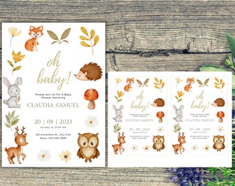 Woodland Animals Editable Baby Shower Invitation| Gender Neutral Baby Shower| Meadows Theme Baby Shower | Nature Theme Baby Shower| Trendy