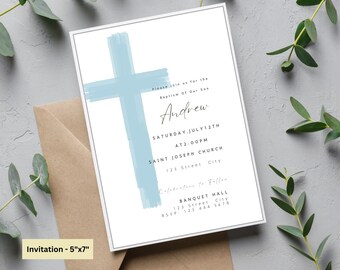Boy Baptism Invitation Template Modern Christening Invitation Minimalistic  Blue Christening Invite Template Blue Watercolor Boys Evite