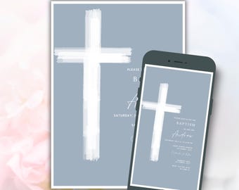Dusty Blue Baptism Invitation Template | Modern Baptism Invite | Christening Invite |Neutral Christening Invite | Neutral Baptism Invite