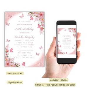 Blush Pink eighteenth Invitation, EDITABLE 18th Birthday Party Invitation,  Digital 18th Birthday Invitation, Electronic Invite, Any Age