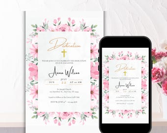 Girl Dedication Invitation | Pink Floral Baptism Invitation | Girl Baby Christening Invite | (Digital Download) | Free Personalization