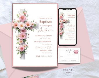 Pink Floral Cross Baptism Invitation Template – Editable Canva Girl Invite (Digital Download)