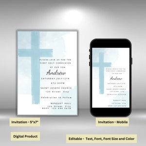 Holy Communion Invitation Template| Blue Holy Communion Invitation| Minimalistic Watercolor First Communion Invitation Template| Blue Evite