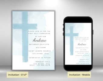 Holy Communion Invitation Template| Blue Holy Communion Invitation| Minimalistic Watercolor First Communion Invitation Template| Blue Evite