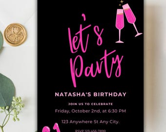 Plantilla de invitación de cumpleaños número 21 rosa neón / Invitación imprimible editable / Invitación de fiesta de descarga digital / Tema de fiesta de cumpleaños neón