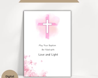 Carte de voeux - Baptême, baptême| Carte florale rose minimaliste de fleurs d'aquarelle et de baptême de croix | Floral élégant| Téléchargement numérique et impression