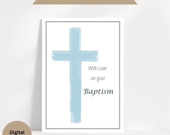 Grußkarte - Taufe, Taufe - Minimalistisch, Modern, Trendy, Aquarell Pastell Blau Kreuz - Karte zur Taufe eines Jungen - Printable