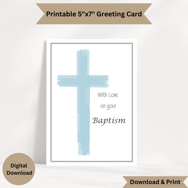 Greeting Card - Baptism, Christening - Minimalistic, Modern, Trendy, Watercolor Pastel Blue Cross - Card for Baby Boy's Baptism -Printable