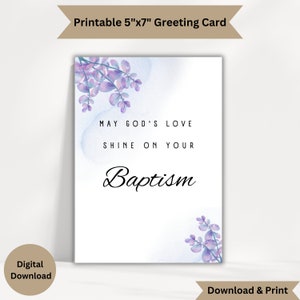Greeting Card - Baptism, Christening| Minimalistic Purple and Blue Watercolor Floral Baptism Card| Elegant Floral| Digital Download & Print