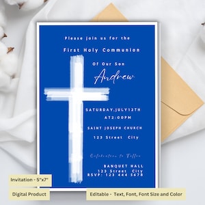 Modèle d'invitation de première communion| Carte d'invitation bleue de baptême| Invitation Confirmation Garçon| Imprimable| Numérique| Minimaliste moderne modifiable