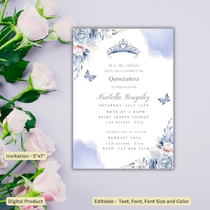 Powder Blue Quinceañera Invitation, Blue Butterfly Party Template, EDITABLE 15th Birthday Party Invite Template, instant Download Dusty Blue