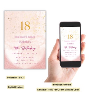 EDITABLE 18th Birthday Party Invitation,  Digital 18th Birthday Invitation, Blush Pink eighteenth Invitation, Pink and Gold 18th Invitation