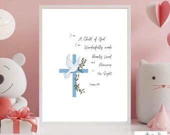 Christian Nursery Wall Art for Baby Boy | Child of God Print | Blue Cross Nursery Decor | Psalm 139 | Baptism Gift | Digital Download