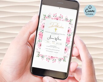 Pink Floral Baptism Invitation Template | Baby Dedication Invite | Editable Christening Invitation for Girls | Canva Mobile Invite