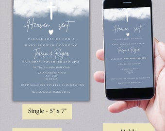 Christian Baby Shower Invitation, Dusty Blue Heaven Sent Baby Shower Template, Digital download, Boy Baby Shower, Printable, Editable