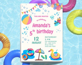 Tropical Pool Party Birthday Invitation, Editable Template (Digital Download)
