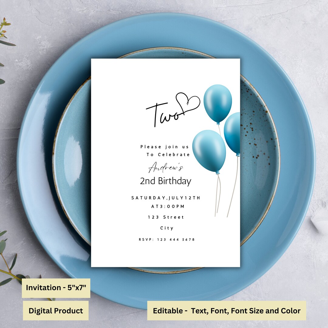 Two Birthday Invite Boy Second Birthday Invitation Editable, Two Birthday Invite, Minimal ...