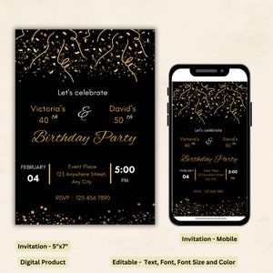 Editable Adult Joint Birthday Party Invitation, Double Birthday Party Invite, Black Gold, Editable Template, Digital and Printable