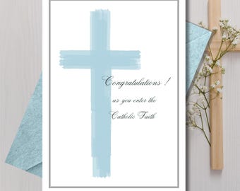 Tarjeta de felicitación RCIA / Cruz azul en acuarela para imprimir / Tarjeta de bendición cristiana religiosa (descarga digital)