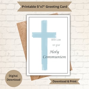 Greeting Card - Holy Communion, First Communion, Congratulations  Card, Trendy, Watercolor Pastel Blue Cross - Card for Communion -Printable