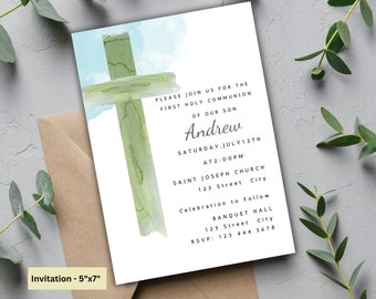 Editable Gender Neutral Holy Communion Invitation Template - Sage Holy Communion Invitation Minimalistic Watercolor Confirmation Invitation