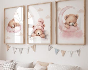 Pink Teddy Bear Nursery Art Prints: Sleepy Bear Decor