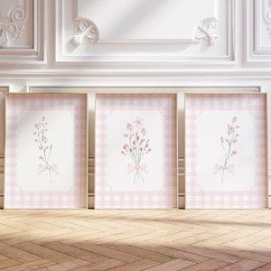 Pink Wildflower Nursery Print Set | Gingham Background | Baby Girl Room Decor | Floral Nursery Wall Art | Boho Vintage Girls Decor