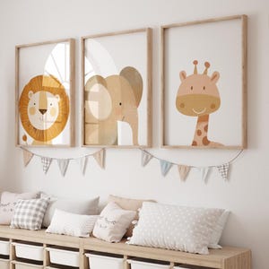 Set of 3 Jungle Animal Nursery Wall Art Prints, Safari Themed Nursery Decor, Neutral Nursery Child Kids Decor for Baby Shower Gift