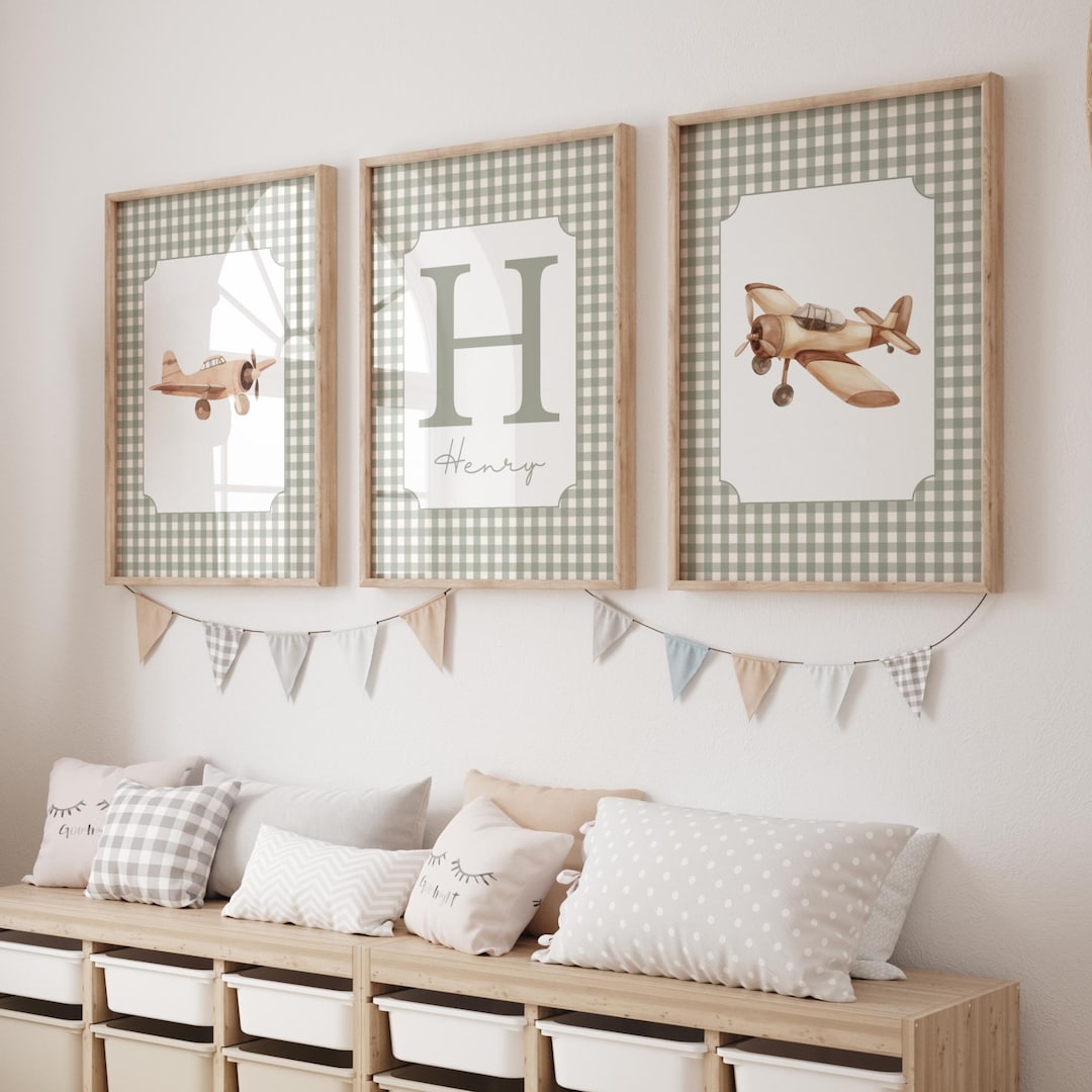 Personalized Airplane Nursery Art: Sage Green Gingham Vintage Prints - Etsy