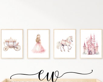 Once Upon a Time - Blonde Princess & Castle Art, Blush Pink Nursery Prints, Instant Download, Perfect for Little Princess Room Decor