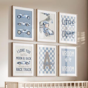 Impresiones de coches de carreras para guardería / Arte de pared moderno para habitación de niños / Póster de coche de carreras personalizable / Decoración de sala de juegos / Descarga digital / Tema azul