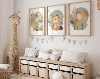 Safari-dierenkwekerijafdrukken: boho saliegroen decor (set van 3) (digitale download)